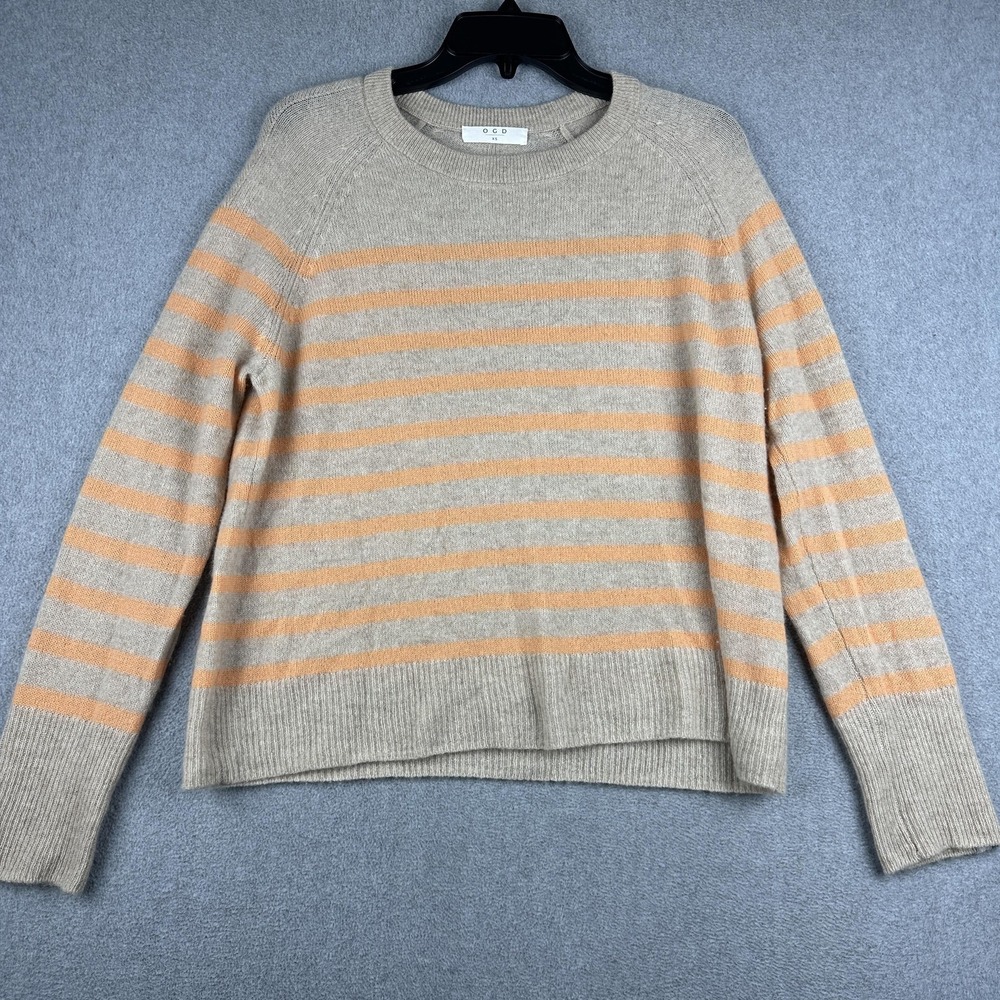 OGD Sweater Womens XS Beige Orange Striped 100% Cashmere Crewneck Knit Pullover